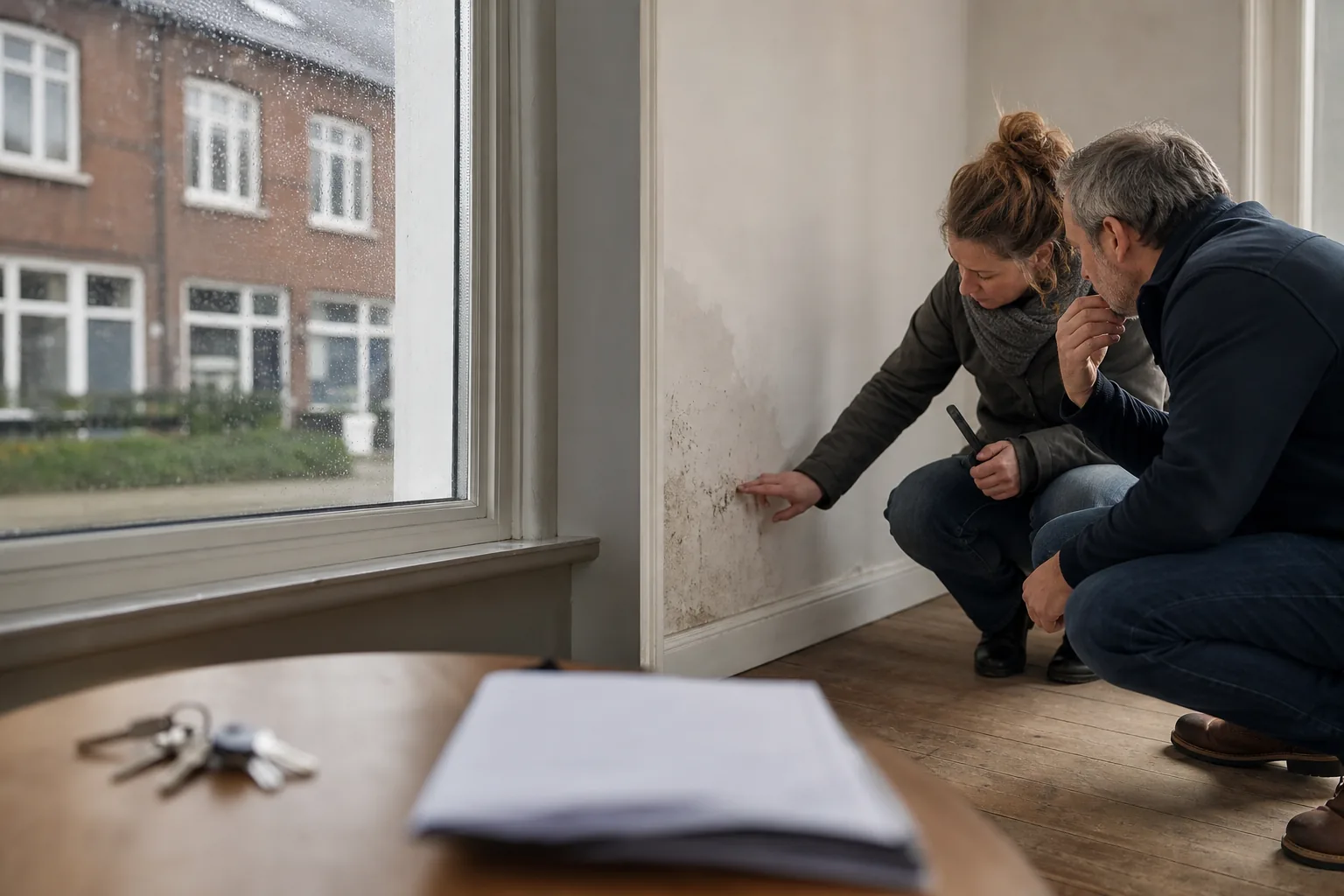 Een Nederlandse woning met sleutels en papieren. Beeld bij het artikel: Waar moet je op letten als je vochtschade in een jaren dertig woning beoordeelt?